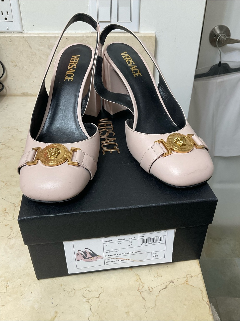 Versace Blush Pink Leather Slingback Heels with Gold Medallions